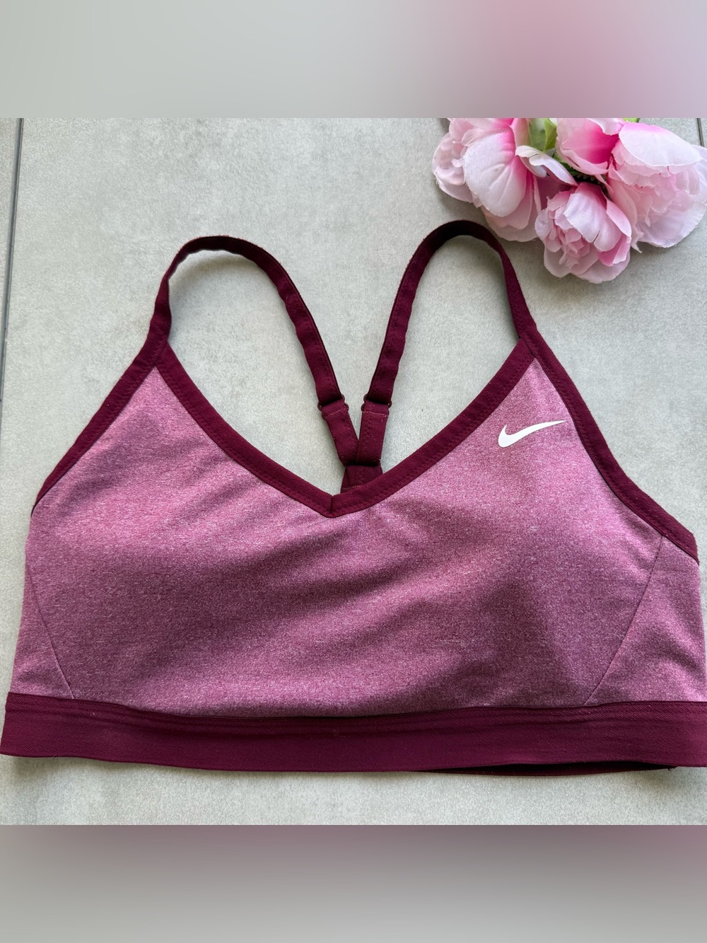 Nike Dri fit Sportwear Bra Large heather Burgundy padded RacerBack lined logo